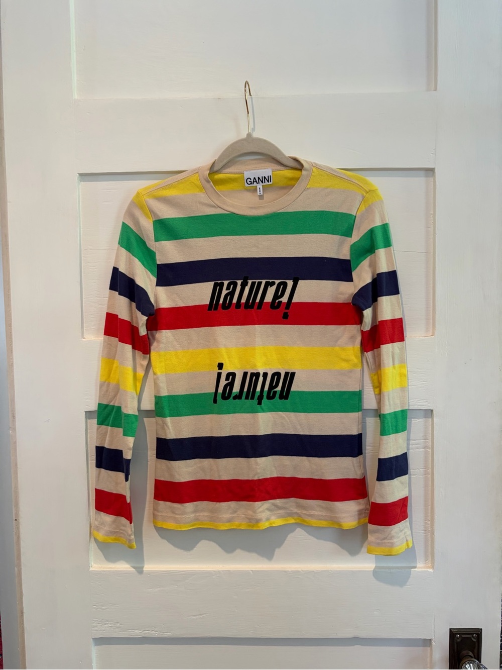 Ganni Long-Sleeve Striped Tee in Green, Red, Yellow, Navy & Cream